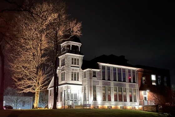 Boston Township school building in landscape lighting demonstration
